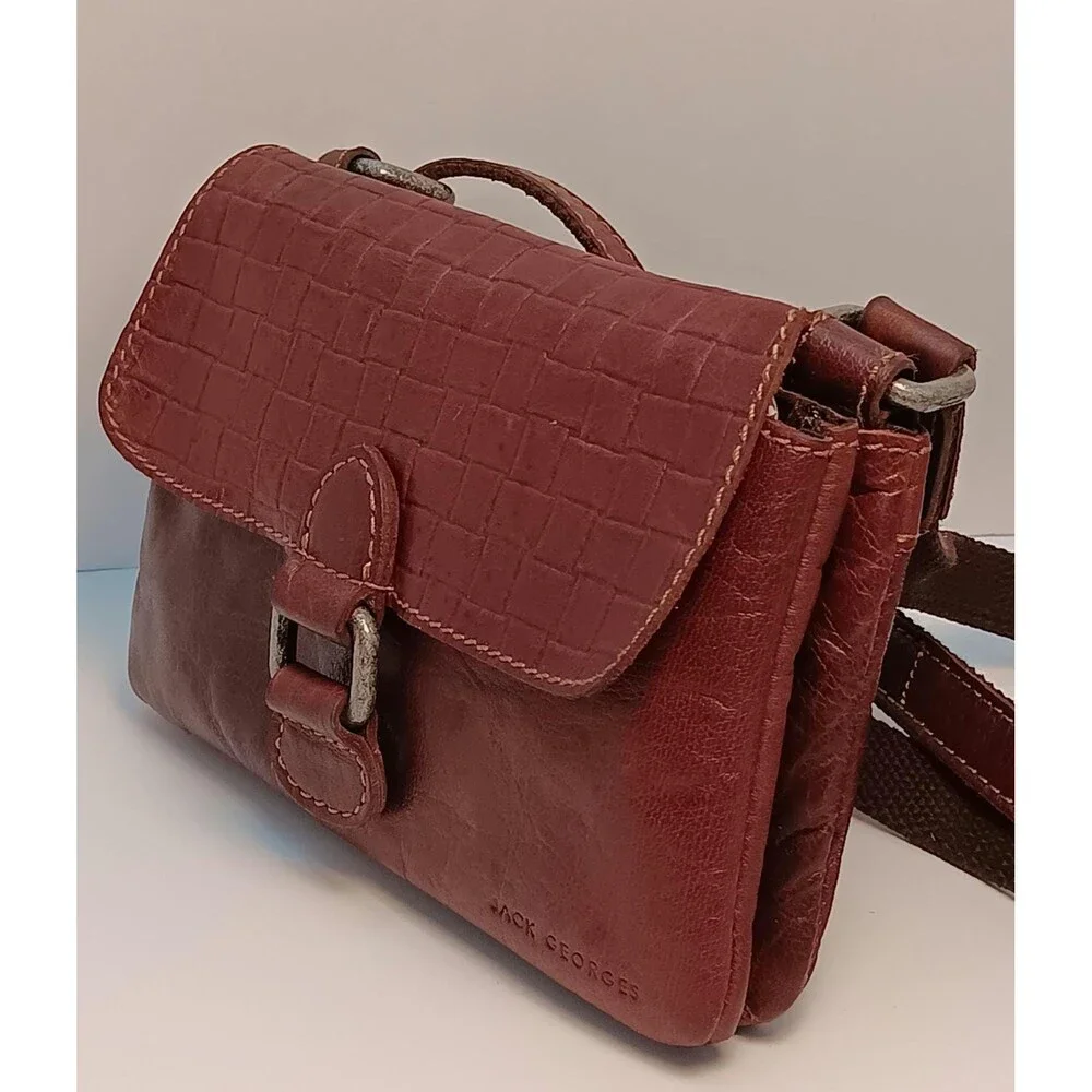 Vintage Jack Georges Brown Leather Crossbody Bag – Woven Embossed Flap Shoulder